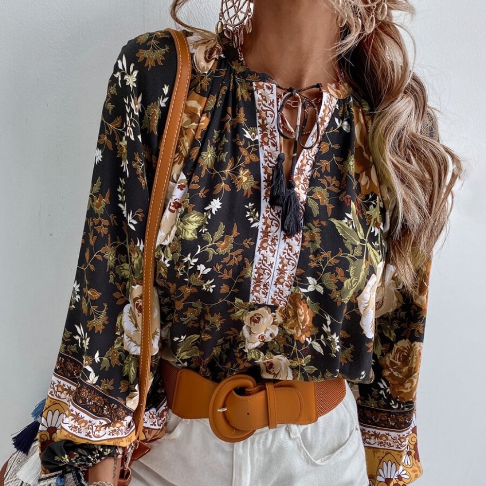 floral boho neck tie tassel balloon sleeve top - Picture 7 of 7